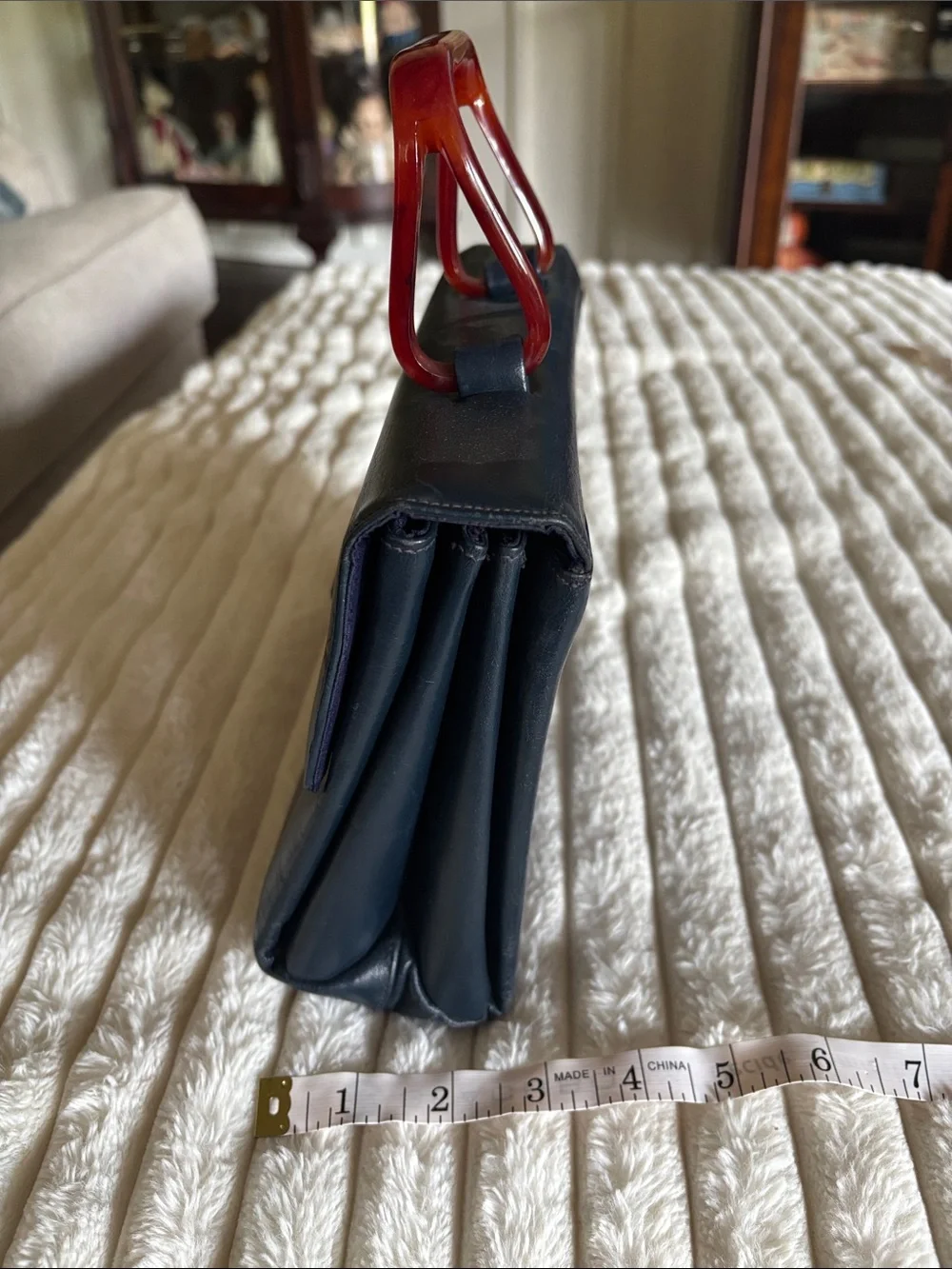 Vintage retro Classic Navy Leather Top-Handle Bag with Red Accent